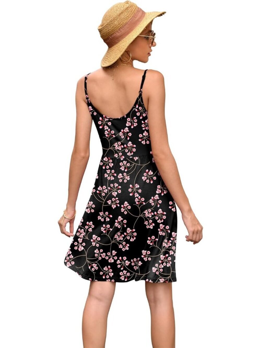 Women's Gypsophila Black Spaghetti Strap Sundress Casual Beach Flowy Mini Dress - Picture 2 of 5